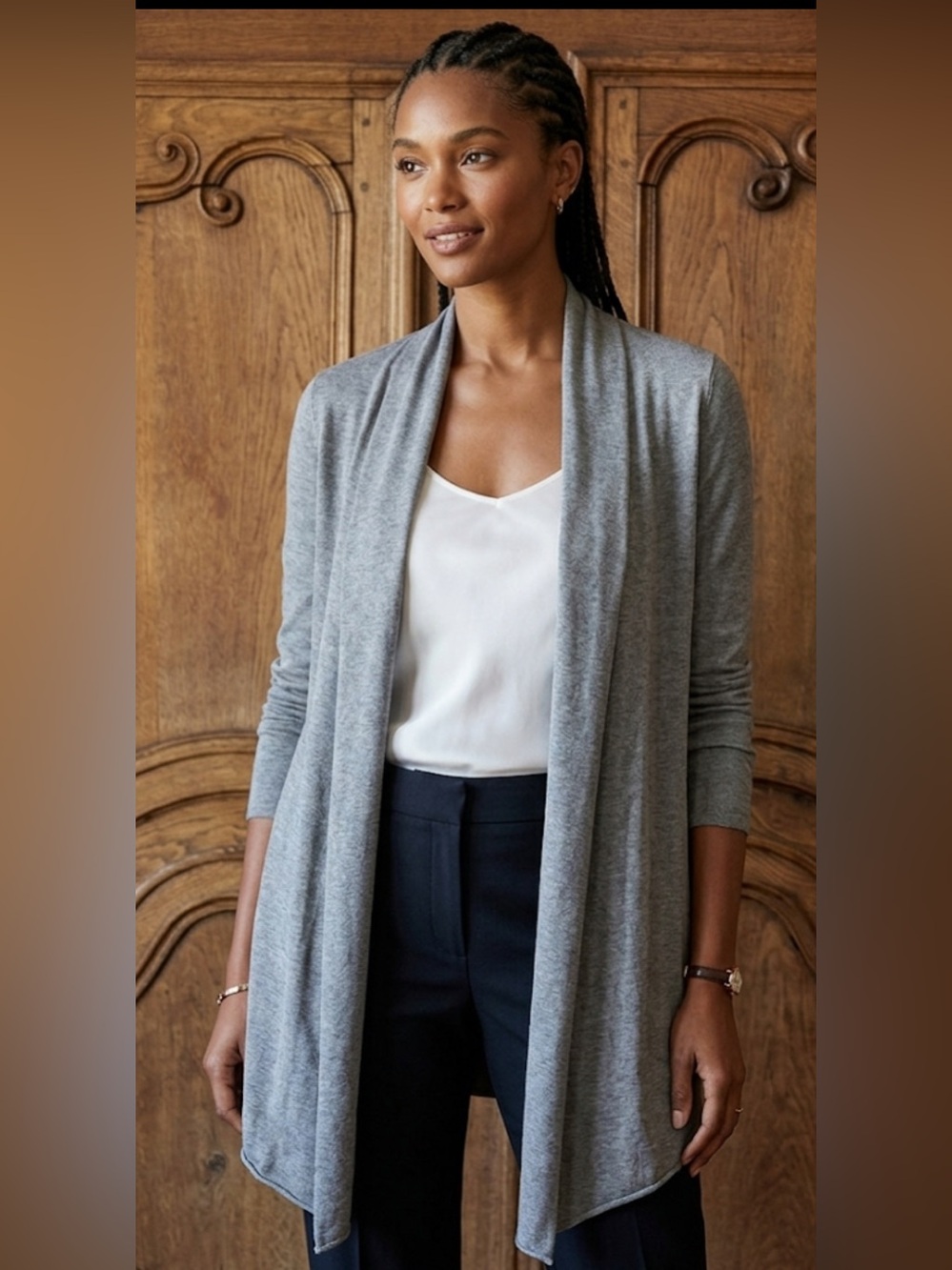 Chicos Gray Cotton Blend Open Cardigan Shawl Collar Sweater